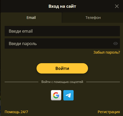 Страница входа в аккаунт Elslots — поля e-mail или телефон и пароль