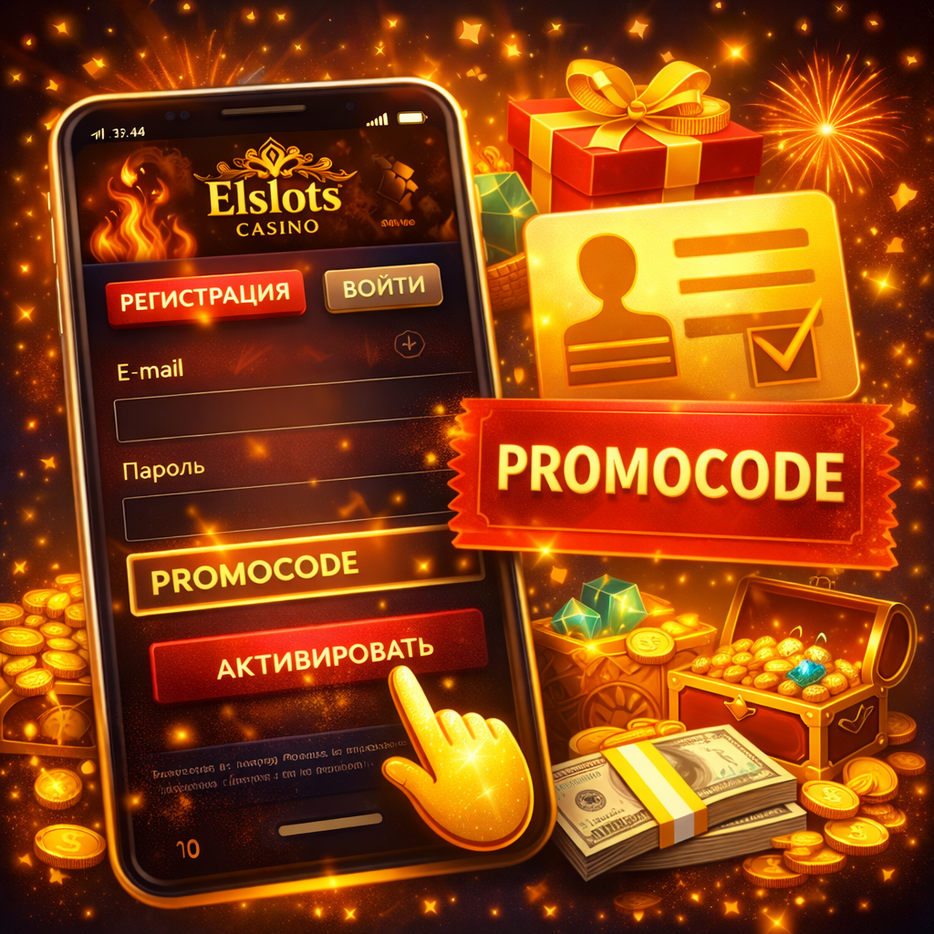 Промокод при регистрации в Elslots: поле для ввода кода и подтверждение бонуса в анкете